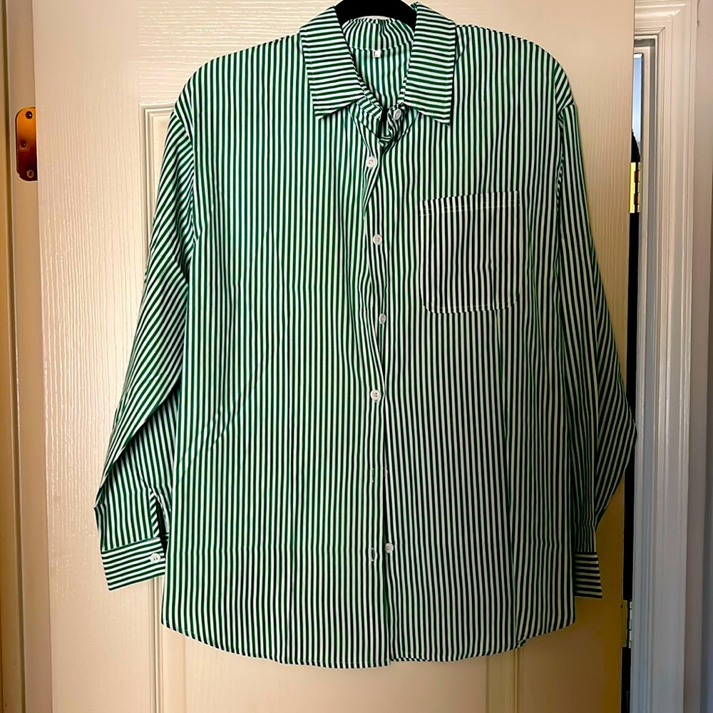 Green and white striped dress shirt